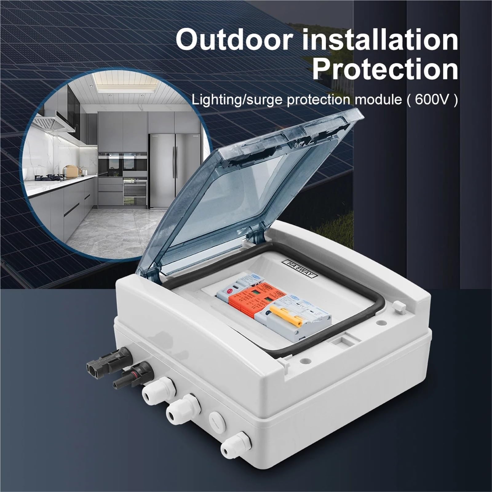 Quadro Elettrico Esterno,Consumer Unit Quadro di combinazione fotovoltaico solare con protezione contro i fulmini 1ingresso 1uscita DC 600V fusibile MCB SPD scatola impermeabile IP65(25A DC MCB)