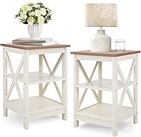 PHI VILLA Farmhouse End Table Set of 2 - Ivory White 3-Tier Nightstands for Bedroom & Living Room Side Tables