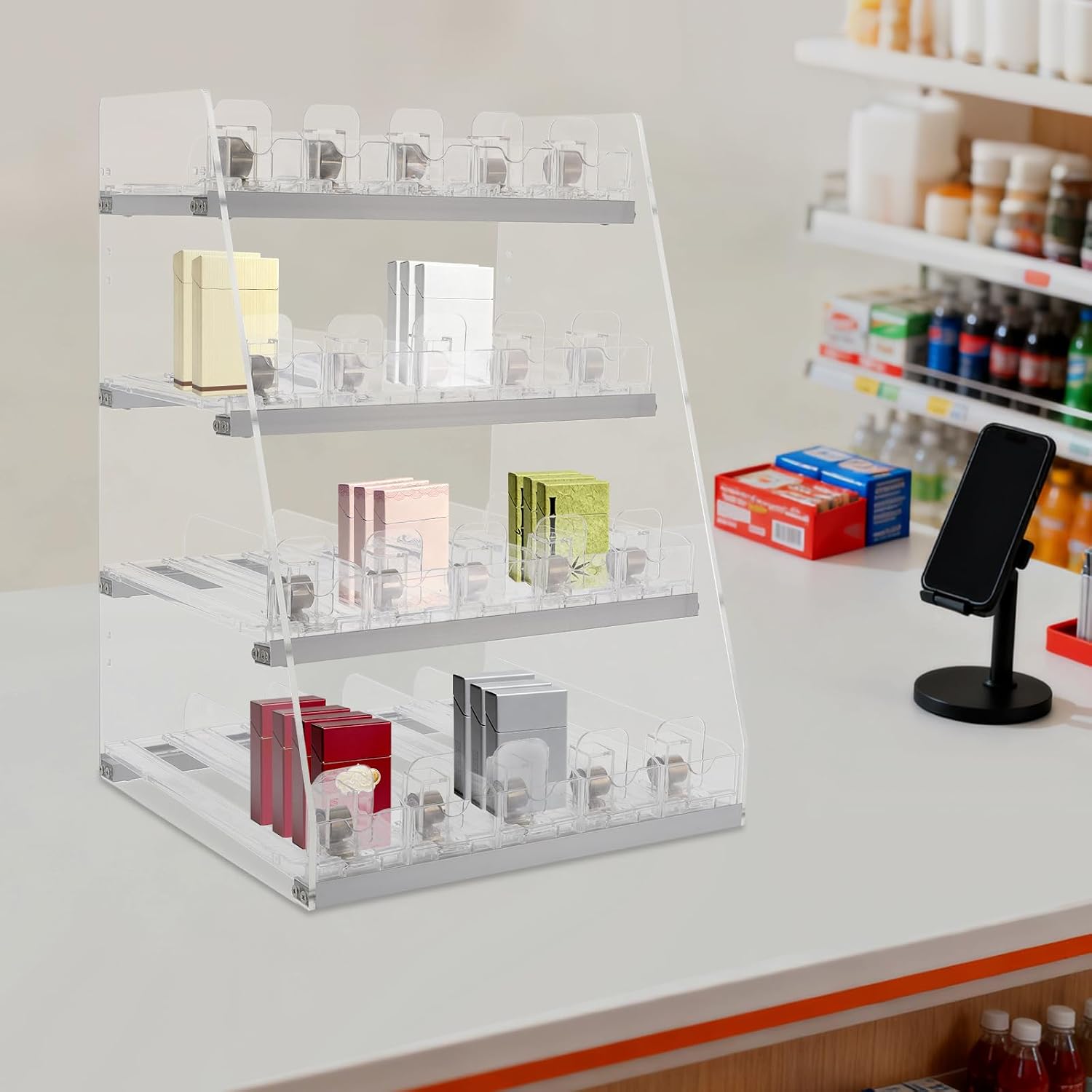 250 Capacity Cigarette Display Holder, 5-Tier Cigarette Display Rack Organizer, Automatic Cigarette Pusher Tray for Retail Store, Clear Acrylic Cigarette Display Stand Rack for Smoke Shops (4-Tier)