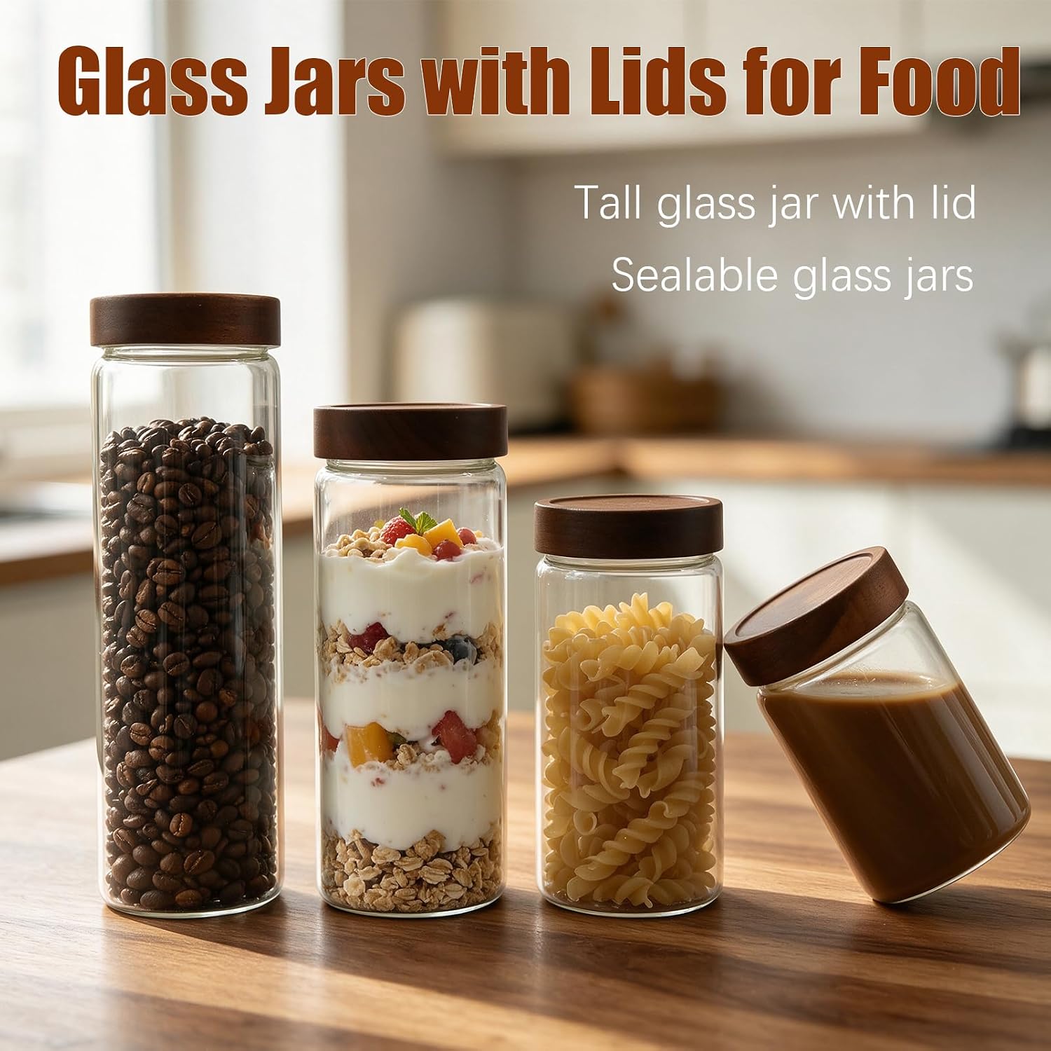Coriario 32 oz Glass Jar with Wood Lid Clear Glass Food Storage Canisters