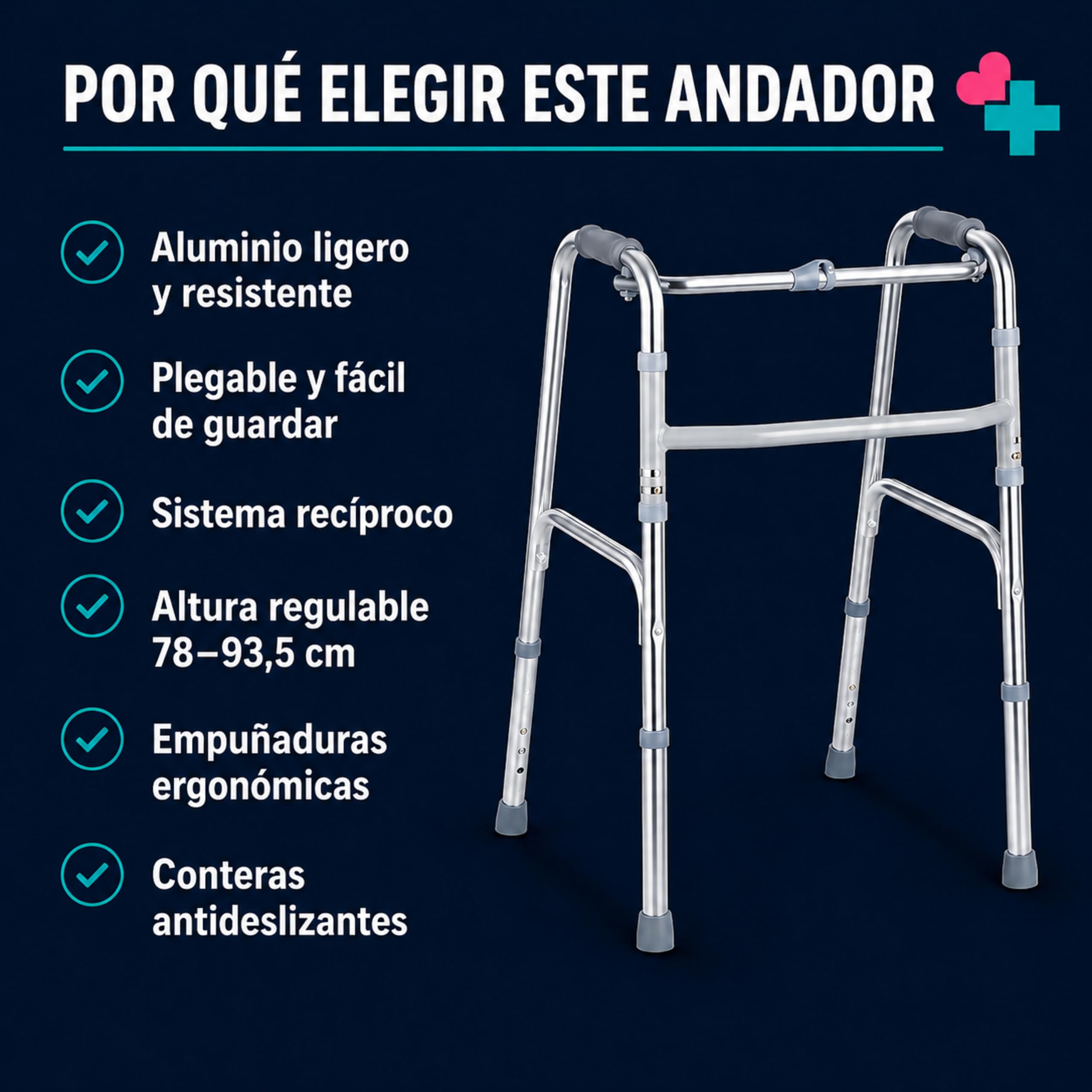 Andador Plegable para Adulto de Aluminio. Andador Ortopédico sin Ruedas. Andador Ligero para Mayores. Caminador para Adultos Regulable en Altura. Andador de Aluminio Recíproco.