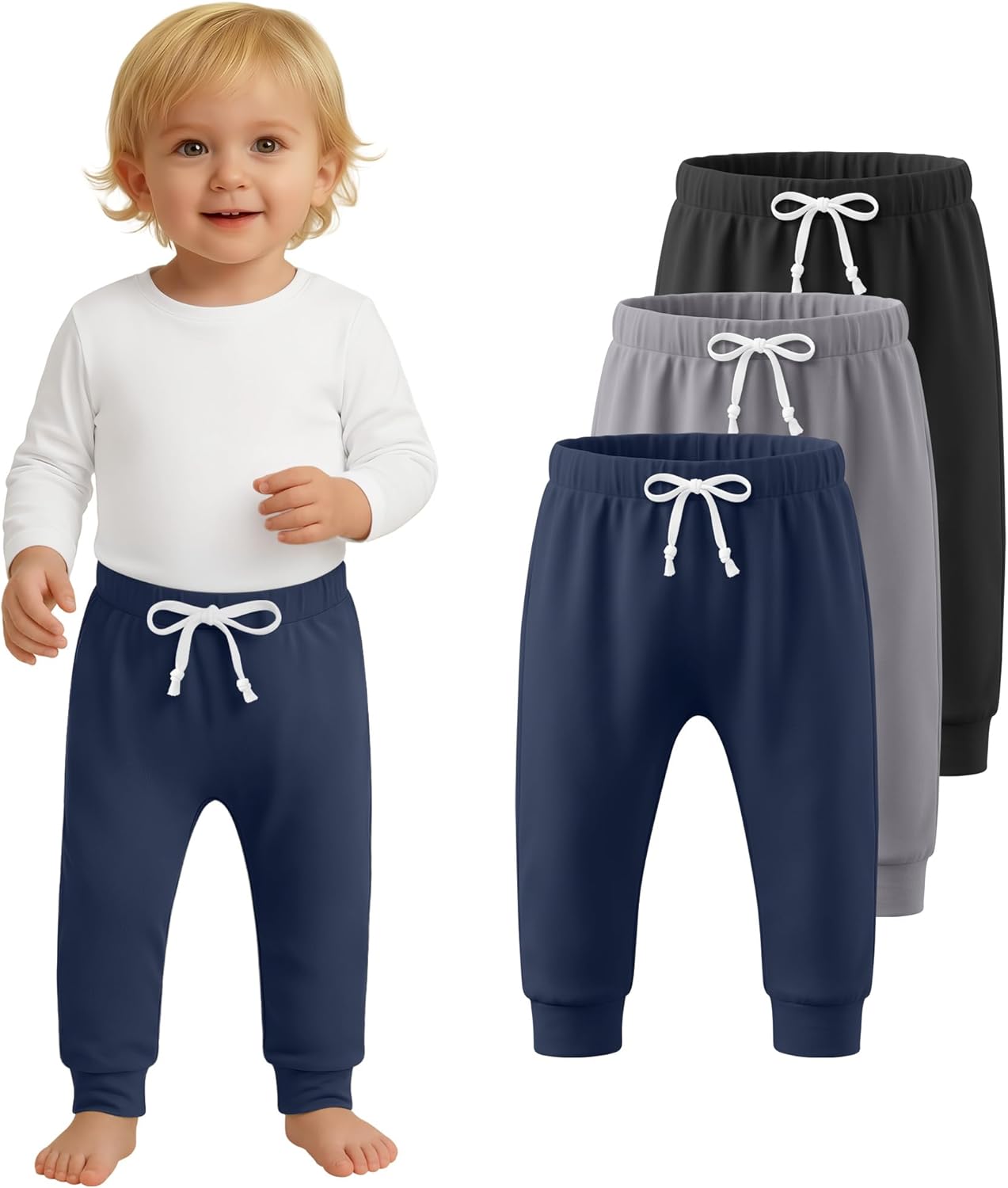 3 Pack Toddler Pants Pull On Baby Boys and Girls Sweatpants Basic Casual Kids Soft Joggers with Drawstring