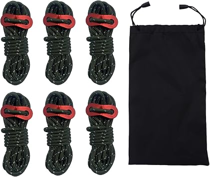 6 Pack Reflective Guyline Tent Rope with Aluminum Adjuster, Tent Kit for Camping Tent & Hiking Accessories - 4mm Thick and 4 Metre Length