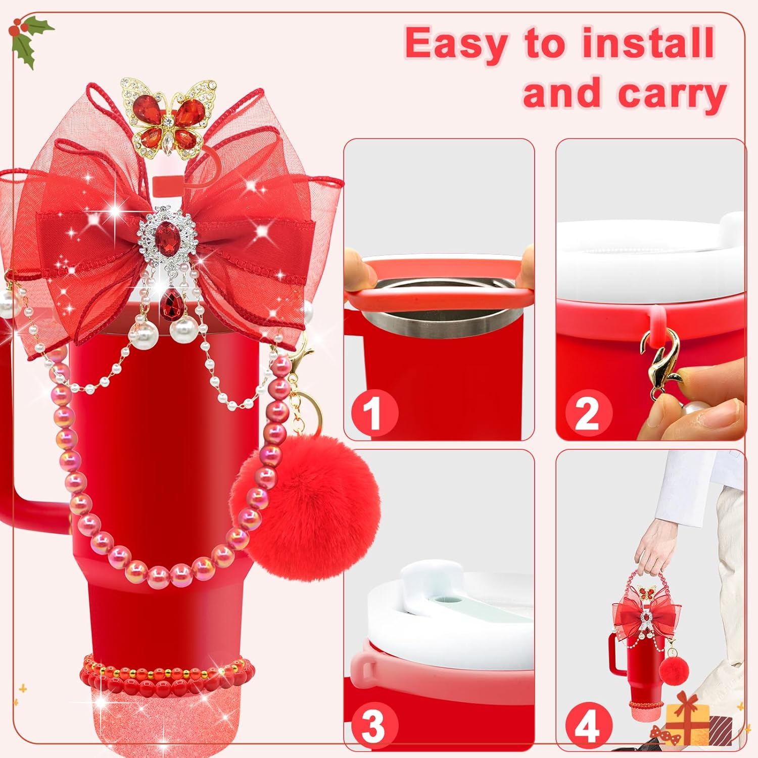 LBU Bling Stanley Cup Accessories for 40&30&20 Oz Tumbler With Diamond Bow Straw Topper, Stanley Bracelets Charms, Butterfly Straw Cover Cap, Pearl Handle Strap, Silicone Boot, Pom-Pom(Red) - Image 3