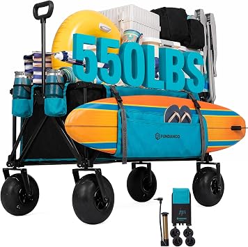 FUNDANGO 300L Collapsible Beach Wagon with 9" Balloon Wheels, Pump Included | Large Capacity, 500Lbs Heavy Duty, All Terrian Cart with Side Pockets for Sports, Camping