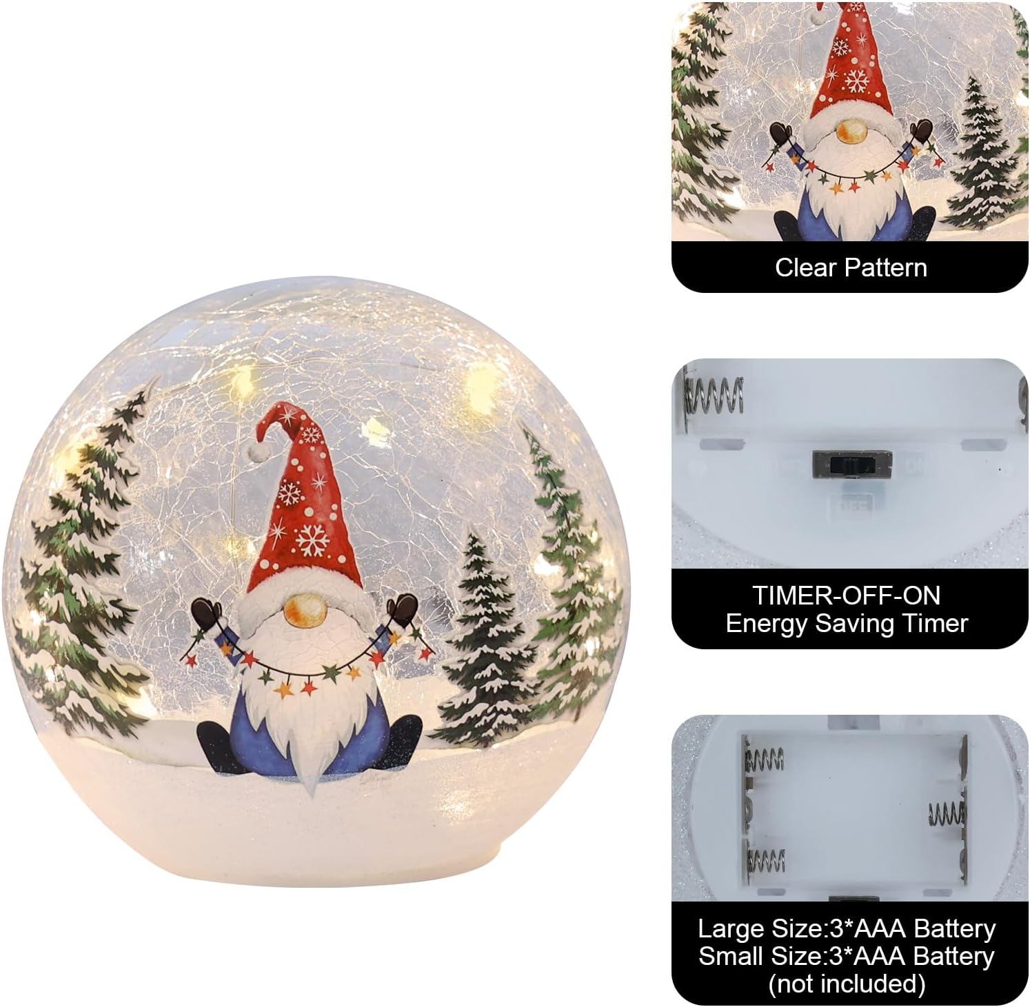 YEAHOME Christmas Decorations Indoor, 3 Pcs Lighted Gnomes Christmas Snow Globes Home Decor, Christmas Table Decorations LED Crackle Glass Ball with Timer for Living Room Fireplace Tabletop