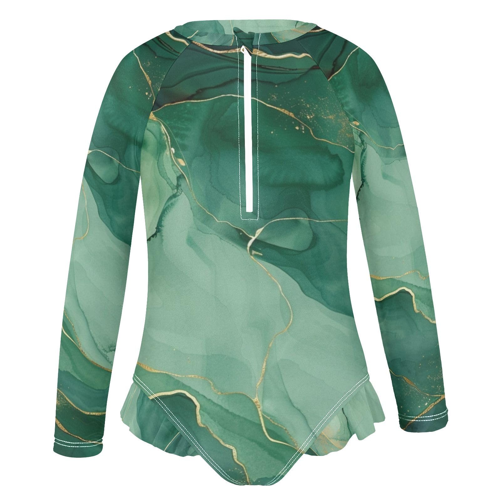 ALAZA Swimsuit for Girls Long Sleeve Rashguard Bathing Suit Marble Green Gold Quick Dry 4T