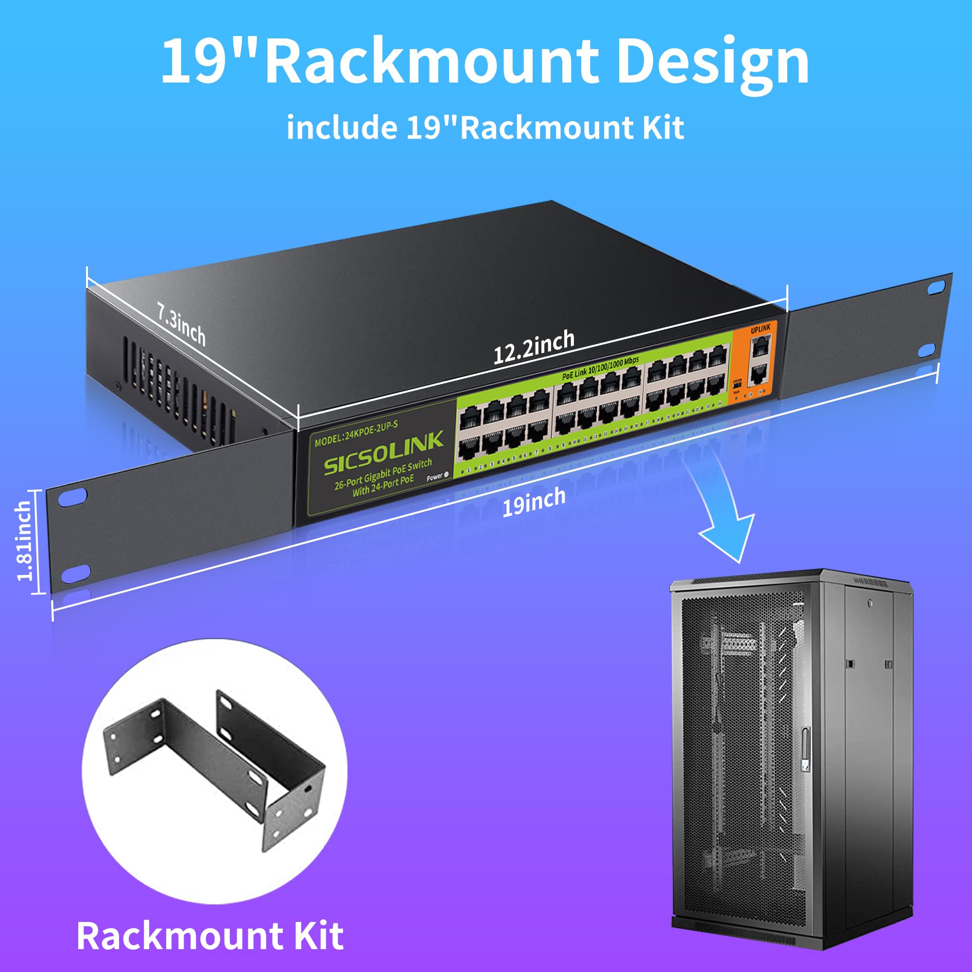Switch PoE+ 24 Ports Gigabit, 400W, 2 uplinks, Non géré, Silencieux, Rack 19", pour caméras PoE, APs, PC.