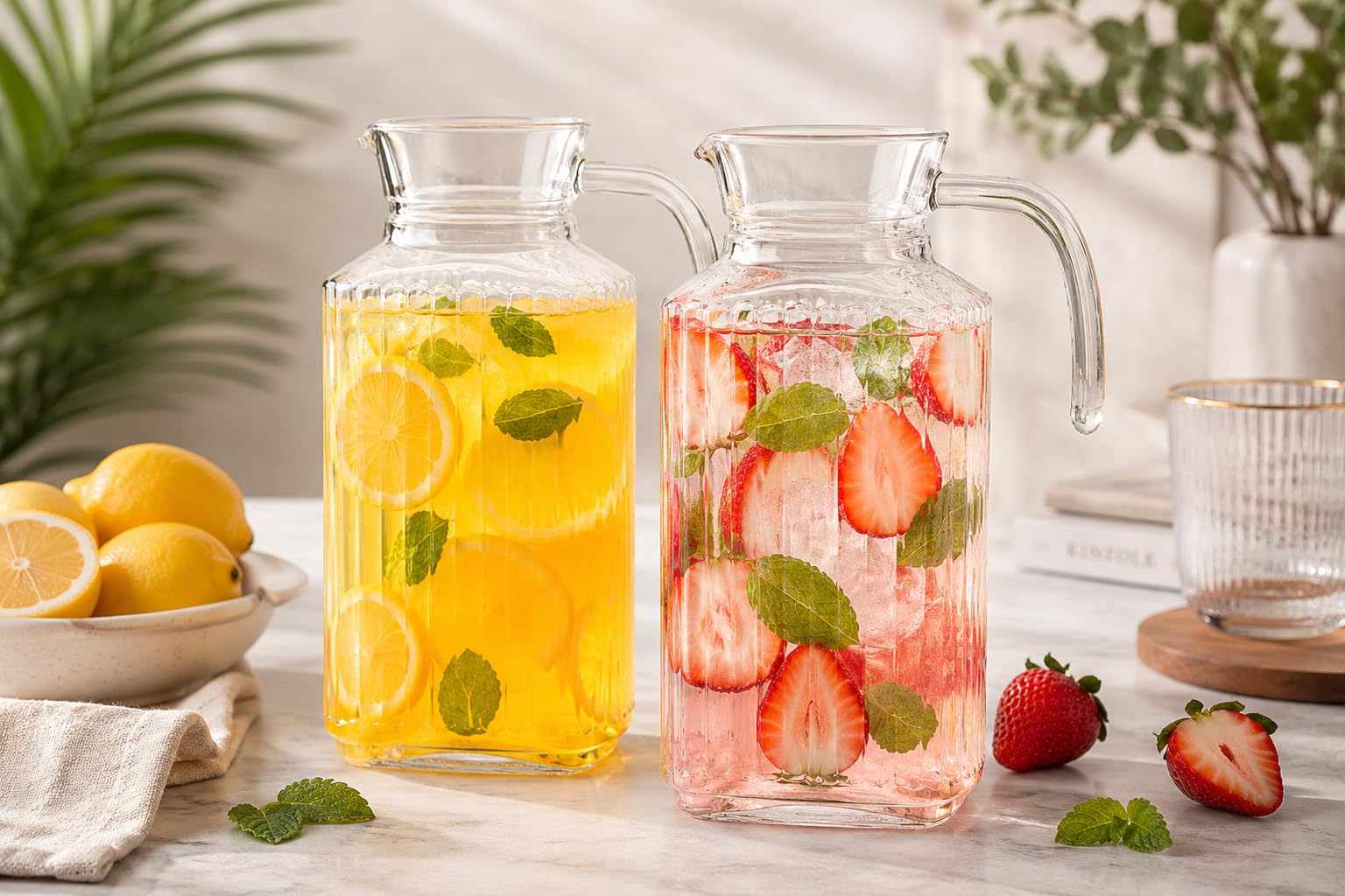 Home Essentials & Beyond - Juego de 2 jarras para nevera de 60 onzas, jarra de agua de vidrio con tapa, práctica y fácil de usar, ideal para limonada, té helado, leche, cócteles y más bebidas.