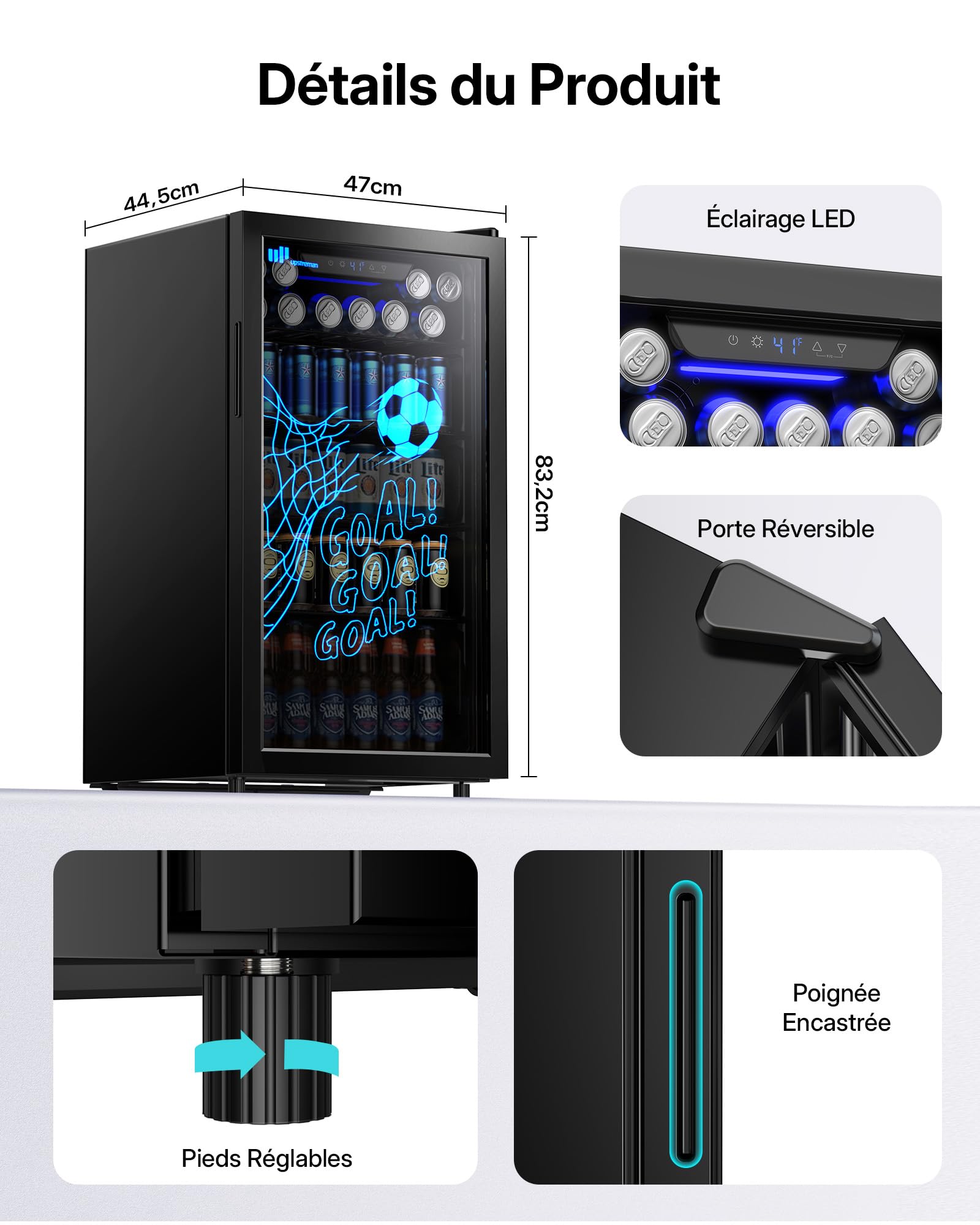 Upstreman Réfrigérateur à Boissons 91  L Avec Porte Vitrée, Mini Frigo Pour 126 Canettes, LED Motif Football, Avec Étagères Amovibles pour Bière, Vin et Soda, Idéal pour Maison, Bar, Bureau