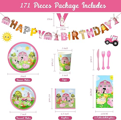 Miniatura 2 de 171 piezas de suministros para fiestas temáticas de animales de granja de granero, mantel de fiesta de granero para 24 invitados, platos de postre,