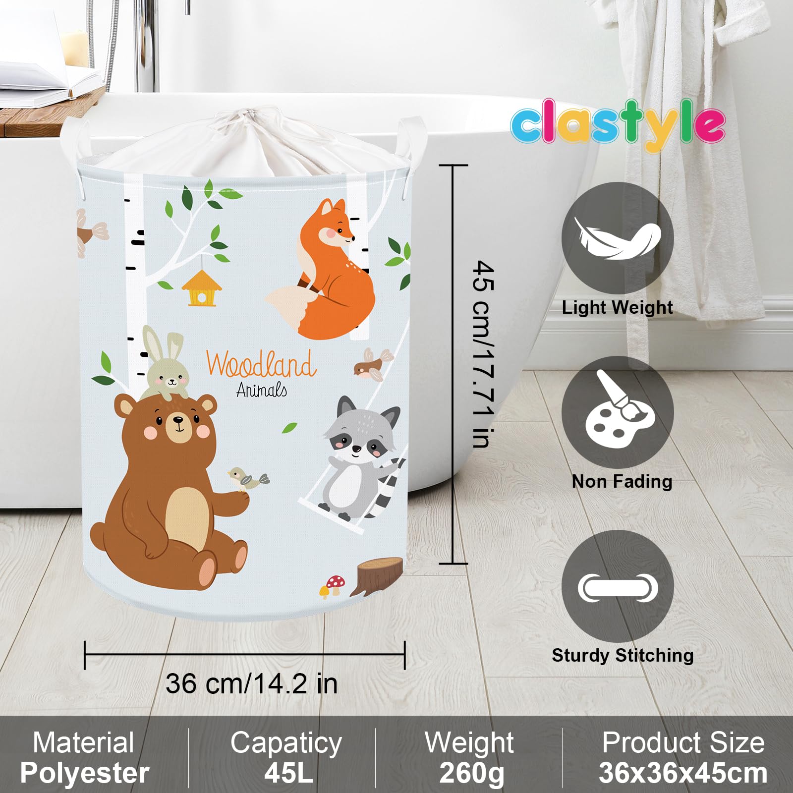 Clastyle 45L Birkenwald Tiere Füchse Bär Waschbär Kinder Wäschekorb Blau Reh Rund Kleidung Spielzeug Aufbewahrungskorb für Kinderzimmer, 36x45 cm