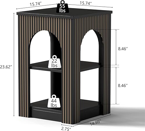 Miniatura 2 de Mesa auxiliar con almacenamiento de 3 niveles, mesa auxiliar moderna de mediados de siglo con líneas de tallado arqueadas, mesa decorativa cuadrada