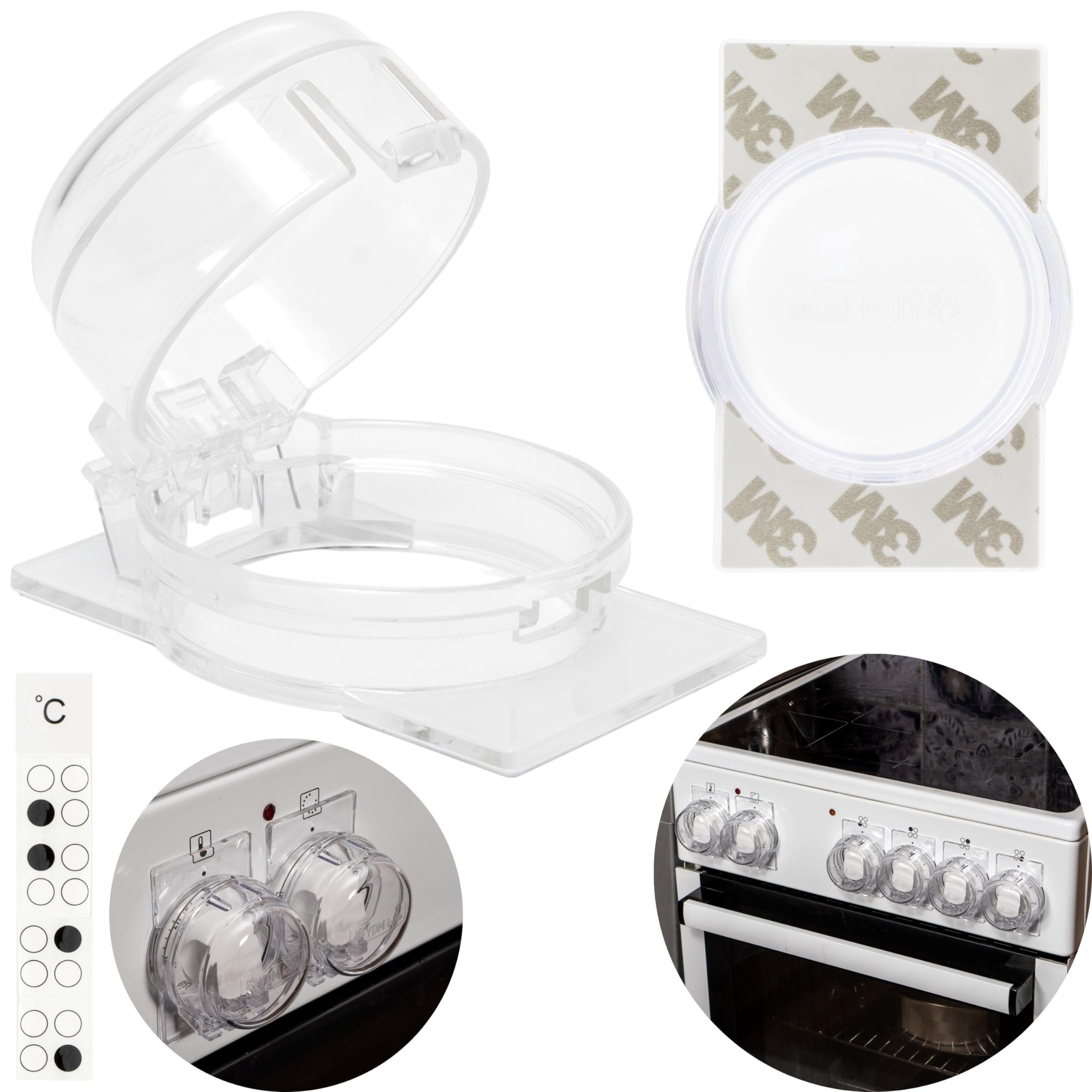 Herdknopf Kindersicherung, 1 Pack, Montage ohne Knopf Demontage, für max. Ø 4,9 cm und 4 cm hohe Herdknöpfe Schutz mit min. 6,1 cm Abstand Mitte-Mitte, transparenter Kleber, Herdschutz Baby Sicherung