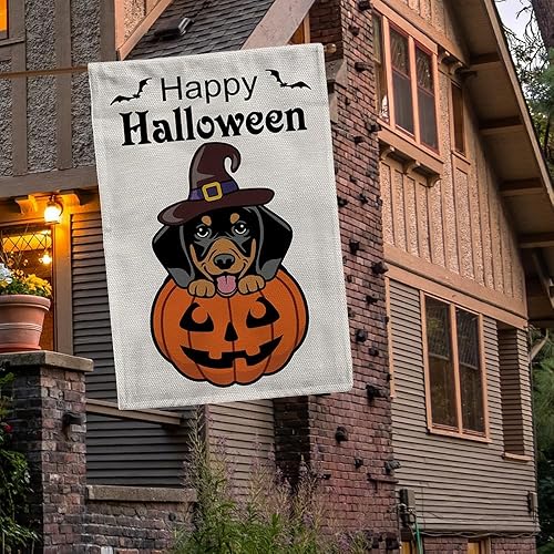 Miniatura 4 de Bandera de jardín de perro Pitbull marrón sonriente de Halloween de 12.5 x 18 pulgadas, vertical de doble cara con sombrero de bruja y calabaza para