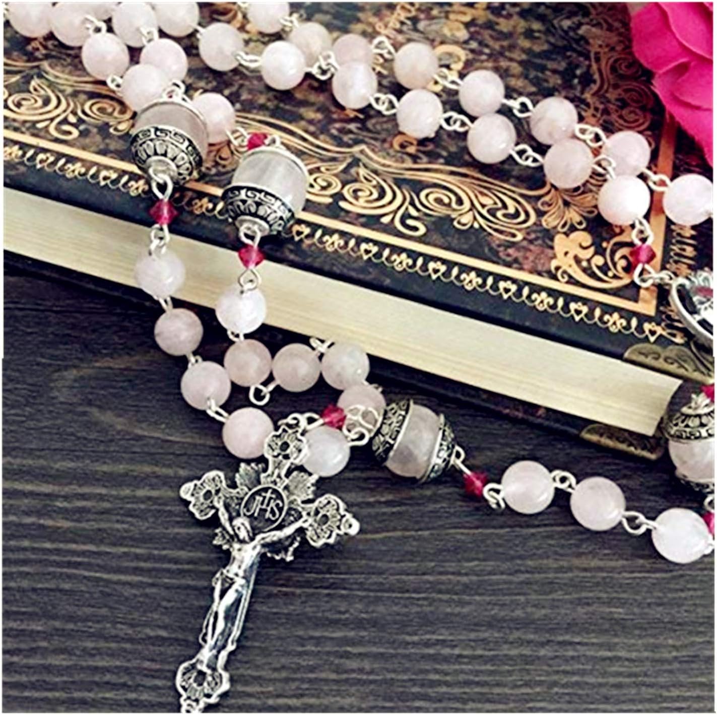 elegantmedical HANDMADE Pink Quartz Crystal Beads Sterling Silver Catholic Rosary Cross Crucifix necklace box - Image 8