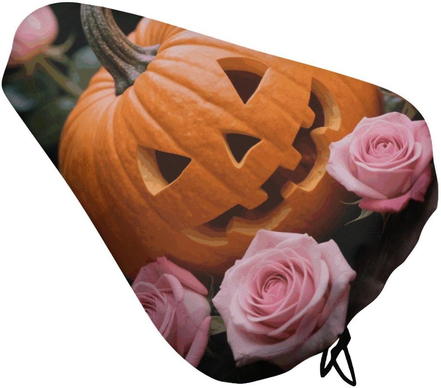 Waterproof Bike Seat Cover with Drawstring -Pumpkin and Pink Roses Universal Exercise Bike Seat Cushion for Men & Women, Comfortable Non-Slip Bicycle Saddle Cover for Road/Mountain Bikes