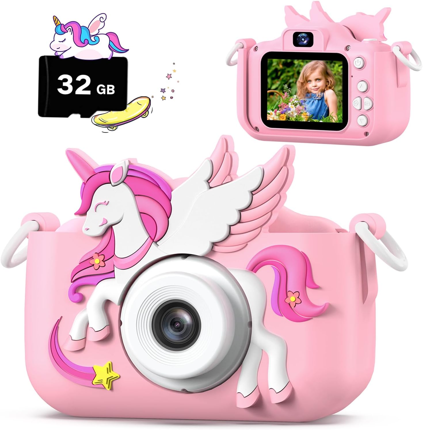 Upgrade Kids Camera for Boys Girls, Toddler Digital Selfie Camera with Cute Protective Cover and 32G SD Card, Christmas Birthday Gifts Toys for 3 4 5 6 7 8 9 10 11 12 Years Old Little Girls and Boys Pink