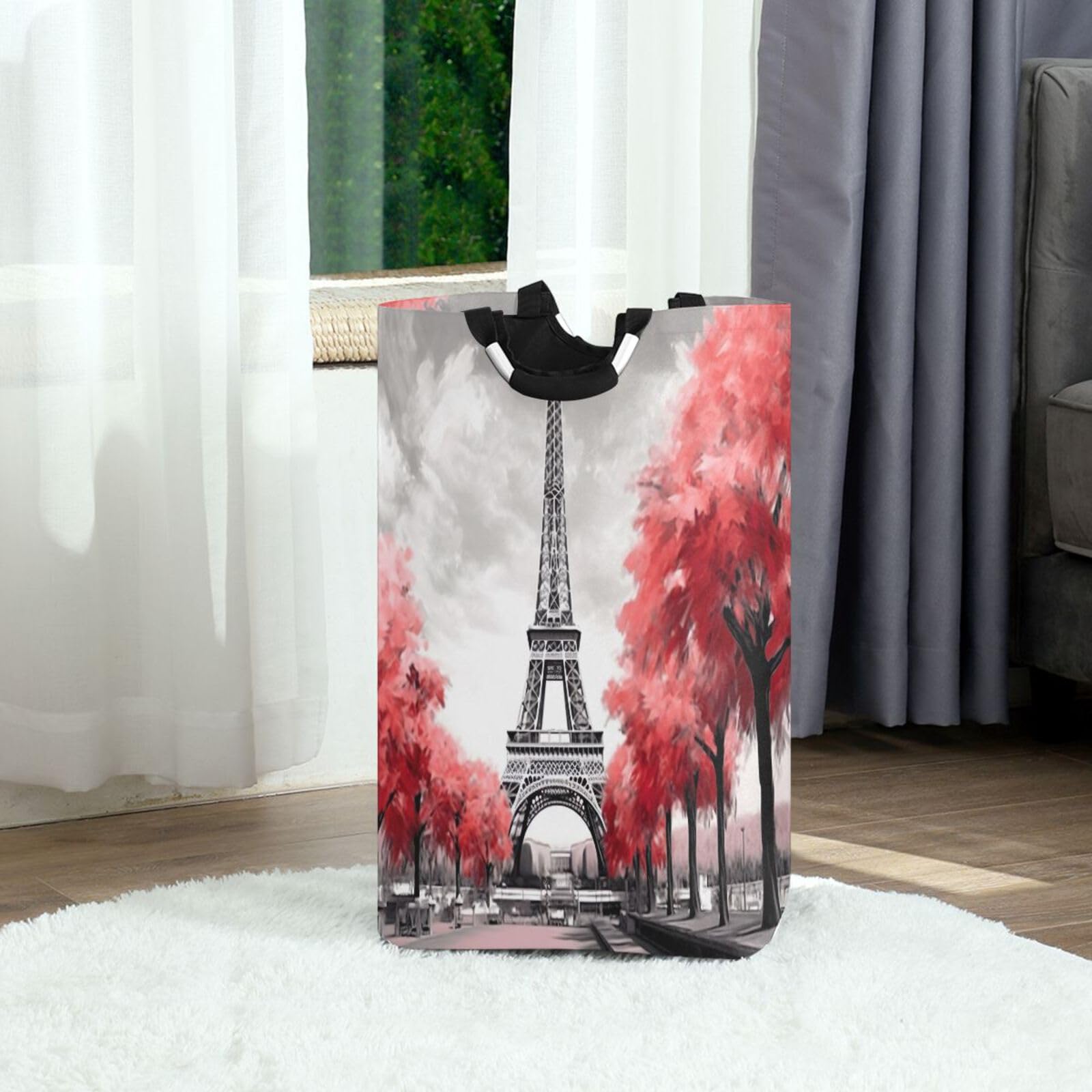 Jihqo Laundry Hamper Basket Eiffel Tower Pink Trees Collapsible Nursery Storage Bin Waterproof Clothing Baskets for Home Bedroom Bathroom Washing Room