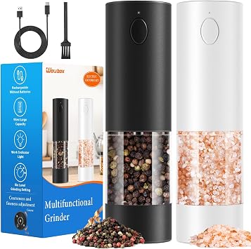 WOWBOX Electric Salt and Pepper Grinder Set 2 PCS, 6-Level Adjustable Coarseness, Rechargeable with LED Light, Large Capacity Multifunctional, for Kitchen, BBQ, Outdoor, Restaurant Black & White