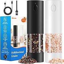 WOWBOX Electric Salt and Pepper Grinder Set 2 PCS, 6-Level Adjustable Coarseness, Rechargeable with LED Light, Large Capacity Multifunctional, for Kitchen, BBQ, Outdoor, Restaurant (Black & White)
