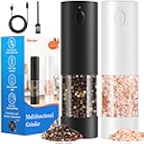 WOWBOX Electric Salt and Pepper Grinder Set 2 PCS, 6-Level Adjustable Coarseness, Rechargeable with LED Light, Large Capacity Multifunctional, for Kitchen, BBQ, Outdoor, Restaurant (Black & White)