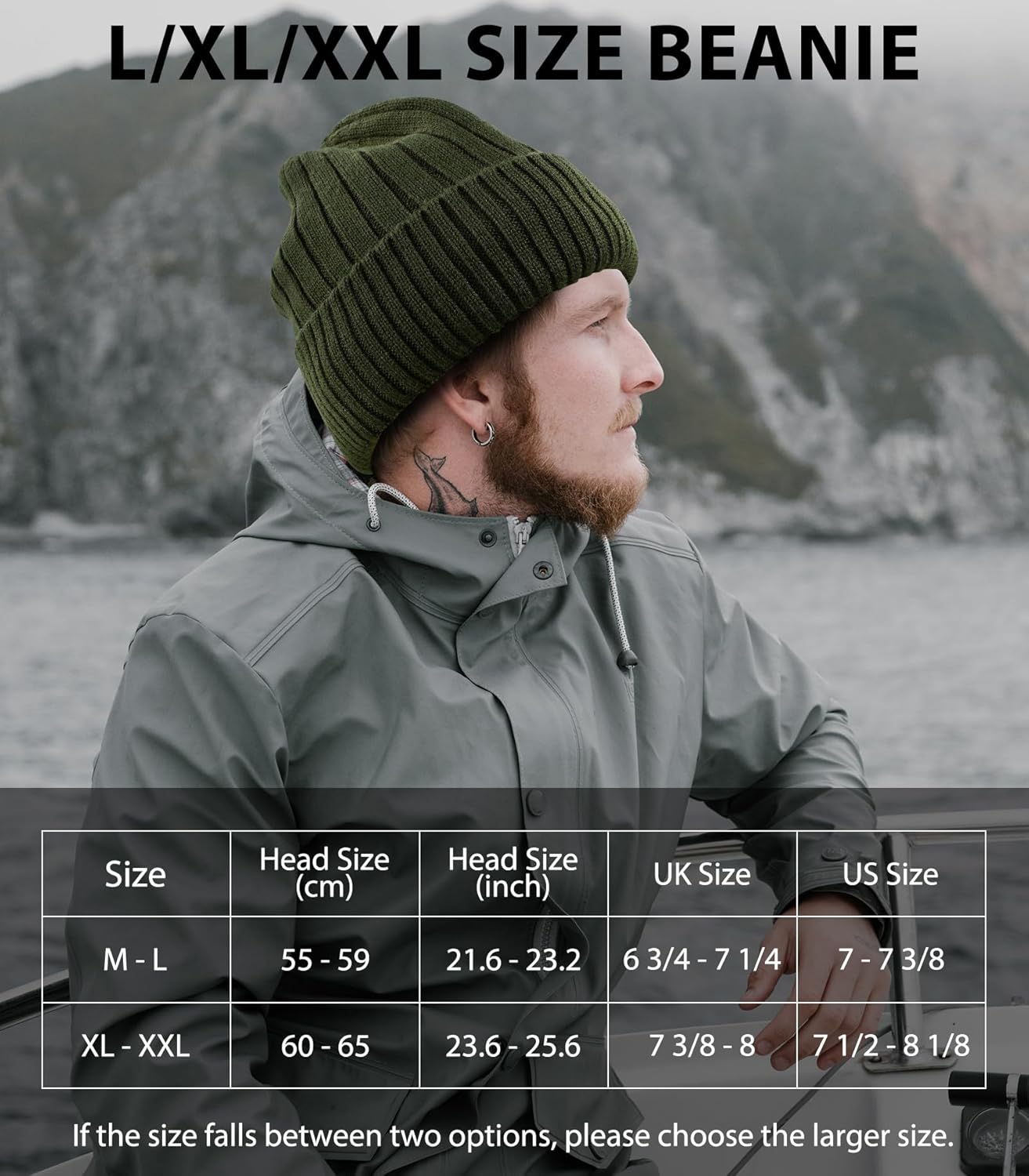 M/L/XL/XXL Wool Beanie for Men and Women, Fleece Lined Oversized Winter Knit Hat, Large Warm Wool Cuffed Cap for Big Head - Image 2