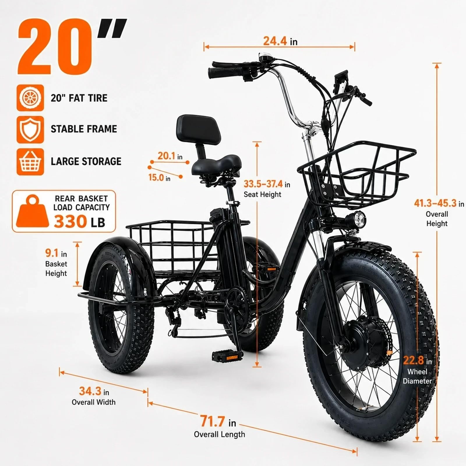 Triciclo Elettrico Pieghevole da 20" con Batteria Rimovibile da 48 V 13 Ah, Bici Elettrica Pieghevole a 7 velocità per Adulti, Autonomia 45 Km, Display LCD, per Shopping/Anziani