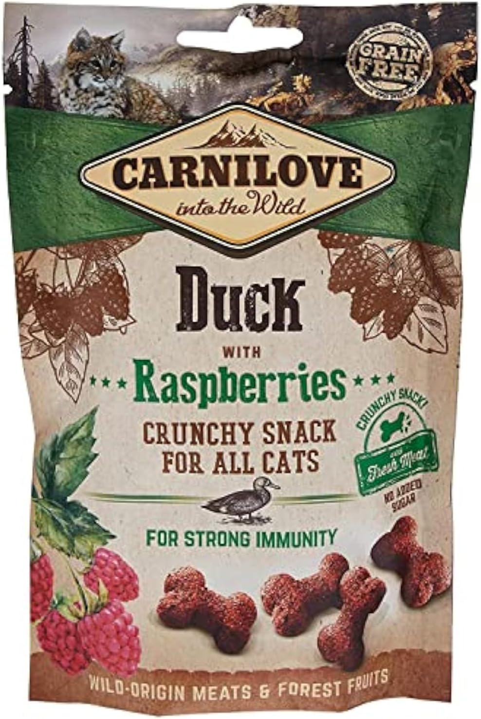 Crunchy Snack Duck & Raspberries Cat Treats 50G - Pack of 31 x 1.8g - Total: 50g