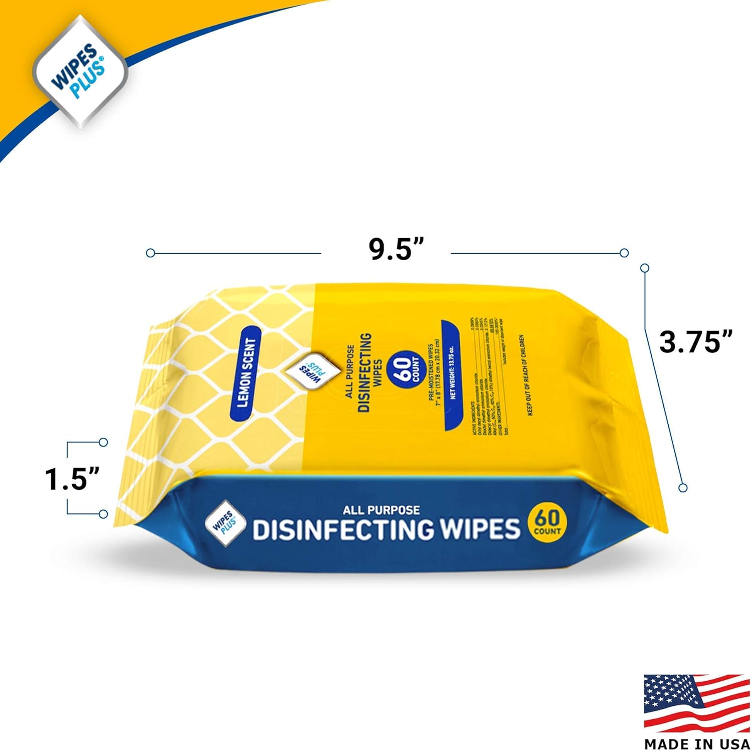 WipesPlus® All Purpose Disinfecting Wipes, 7" x 8", Lemon Scent, 80 Wipes/Packet, Lot of 12 : Health & Household