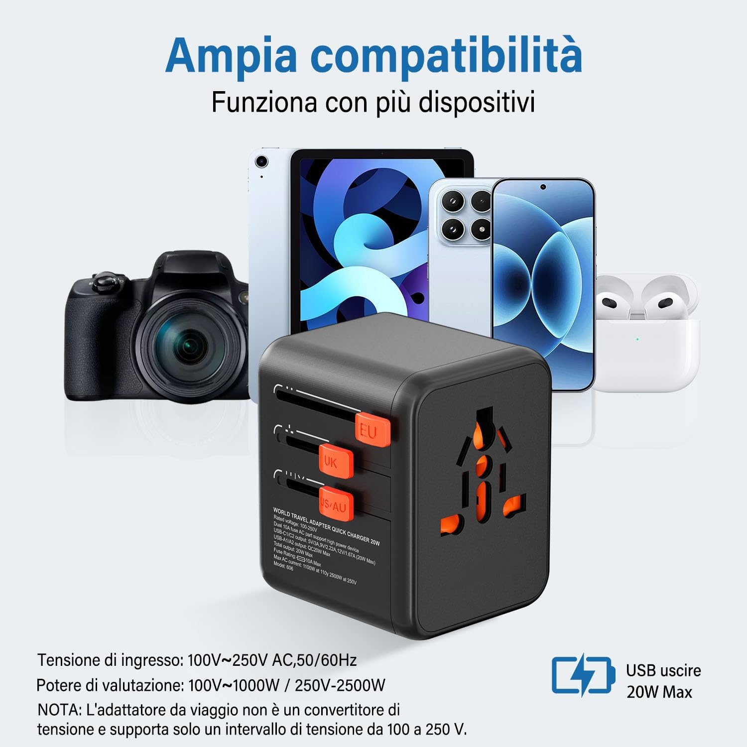 VAMAPOWO Adattatore Universale da Viaggio con 2 USB-C e 2 USB-A (PD 20W) — immagine 5 di 14