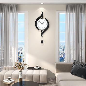 Modern Wall Clocks Battery Operated Large Decorative Wall Clock Silent Non-Ticking Black Iron Pendulum Clock for Living Room Kitchen Bedroom Farmhouse Office Decor 12.5x27.5 in