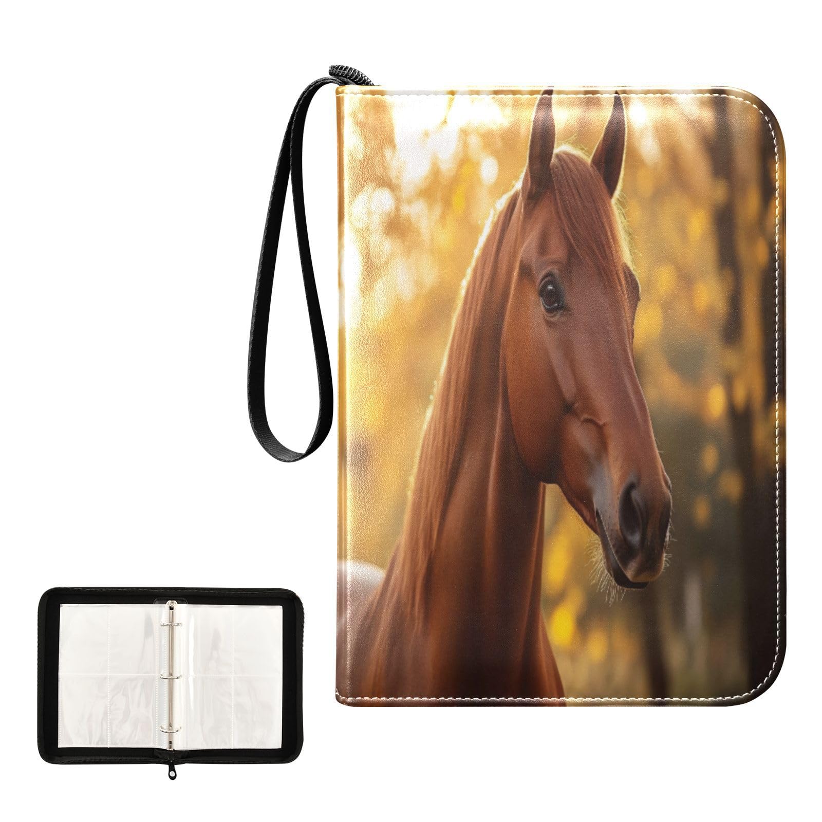 Nesatuwa Horse Portrait Trading Card Binder with Sleeves PU Leather Holds 400 Cards,Double Sided Trading Card Folder with Zipper Collection Binder Album Book Case for Boys Girls