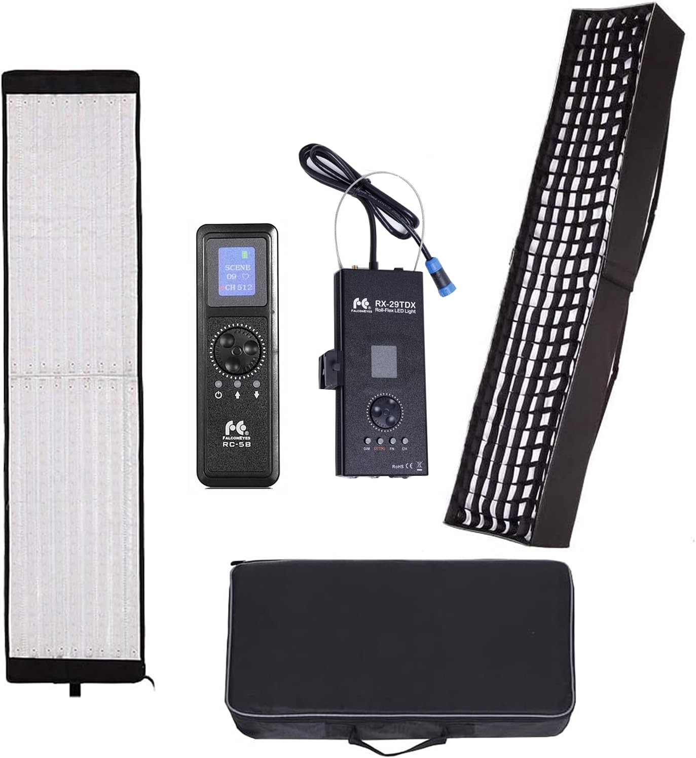 Falcon Eyes RX-29TDX Flexible Led Video Panel Continous Light 100W Bi-color 3000K-5600K Led Photo Lighting DMX 512 +RC-5B Remote Control + Honeycomb Grid Softbox Diffuser
