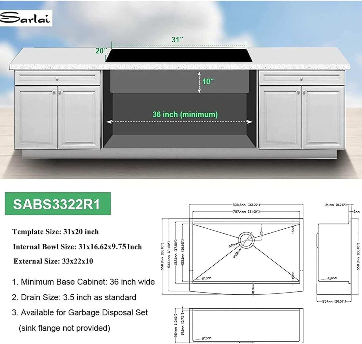 Sarlai 33 Farmhouse Sink Black Stainless Steel - 33 Inch Apron Front Kitchen Sink Ledge Workstation Gunmetal Black 16 Gauge Stainless Steel Deep Single Bowl Farm Sinks