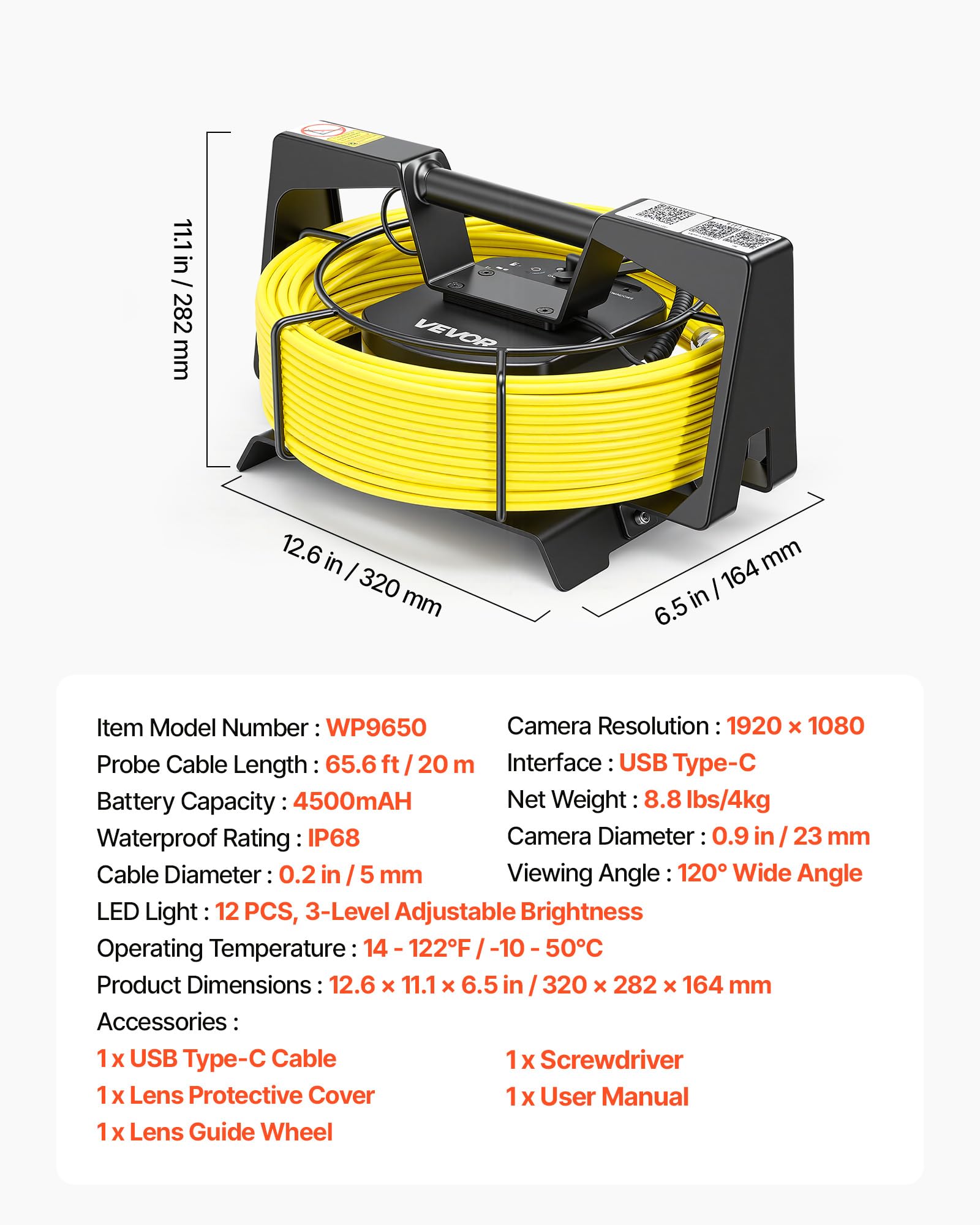 VEVOR Cámara de Inspección de Tuberías 1080P con Cable Semirrígido 20 m, 12 Luces LED de 3 Niveles, Cámara de Inspección Endoscópica, WiFi Inalámbrica, Batería 4500 mAh para Alcantarillado Fontanería