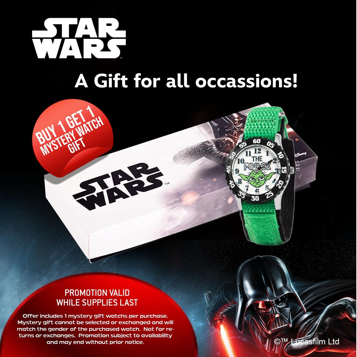 Disney Star Wars Yoda Watch for Kids Ages 3–7 with Classic Character Dial – Great Gift for Star Wars Fans – Easy-Read Face, Black Bezel, and Green Nylon Strap - Buy and GET 1 Free Mystery Watch