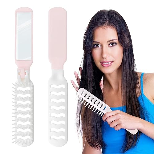Paquete de 2 cepillos de pelo plegables con espejo, portátil, para viajes, pequeños dientes redondos, mini peine plegable para el cabello, kit de