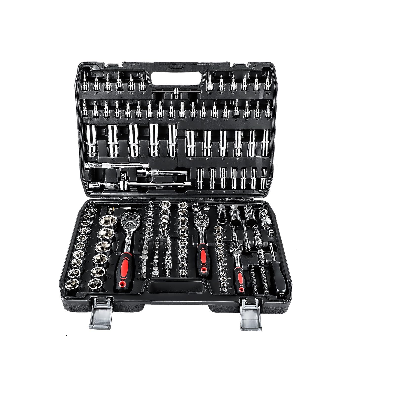 KingSaid Juego de herramientas 172 piezas Maletín de herramientas con carracas 1/2", 3/8", 1/4" | Juego de llaves de vaso, destornilladores y puntas Caja de herramientas completa para taller y coche