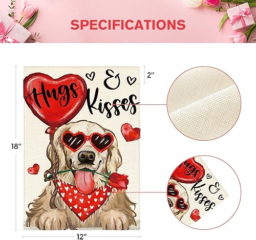 Miniatura 5 de AVOIN colorlife Bandera de jardín para perro del día de San Valentín, 12 x 18 pulgadas, Golden Retriever Hugs Kisses de doble cara, aniversario,