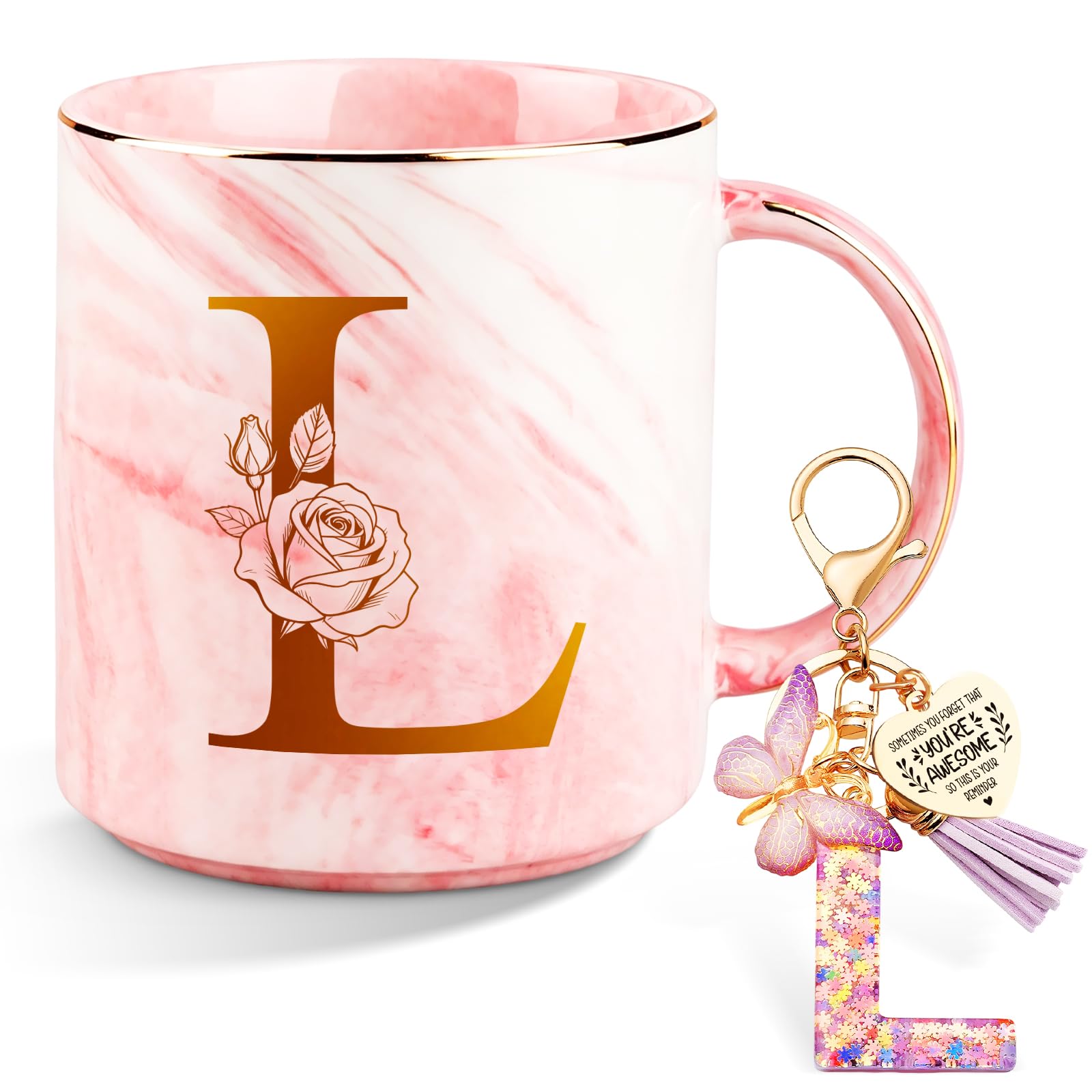 Anruzon Birthday Gifts for Women, Initial L Letter Coffee Mug with Keychain