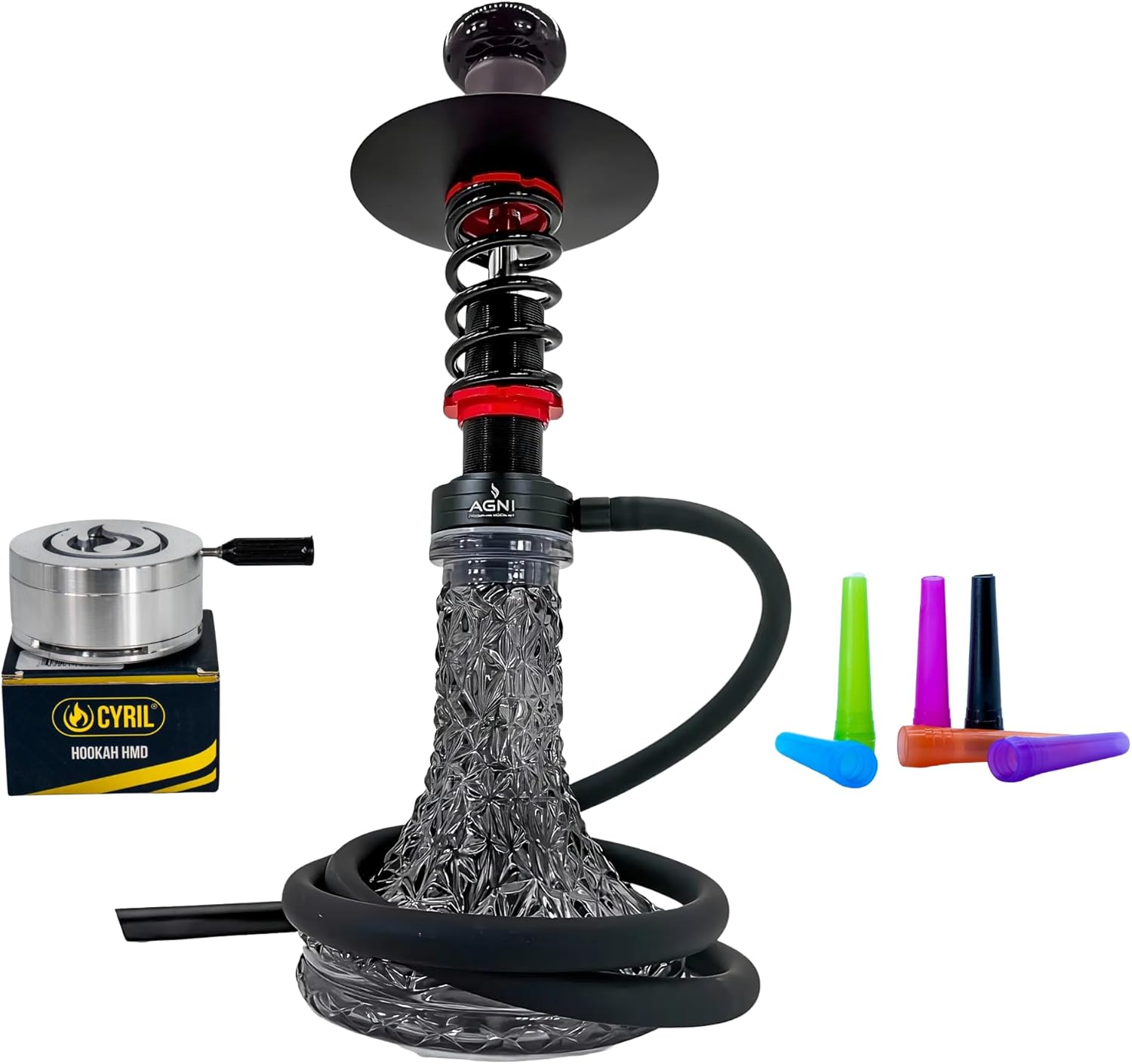 Agni Hookah F1 Premium Set with Cyril Fire HMD & 10 Disposable Tips | 19.6" Modern Glass Shisha Pipe with Silicone Hose, Tradi Clay Bowl & Aluminum Heat Management Device | Modern Racing Inspired Design | Smooth Smoking Experience (RED - BLACK)