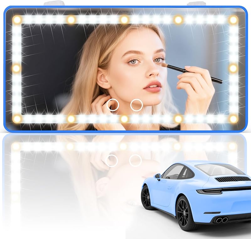Espelho de maquiagem com LED para quebra-sol automotivo SINGARO, bateria recarregável, controle touch e luz azul – 1 unidade