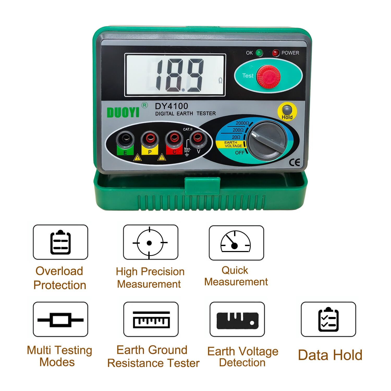 Professional Digital Earth Ground Tester Kit - 2000Ω Resistance & 30V AC Voltage Meter | 3-Wire & Simplified Testing, IP54, LCD, Battery Indicator - for Electricians, Industrial Uses