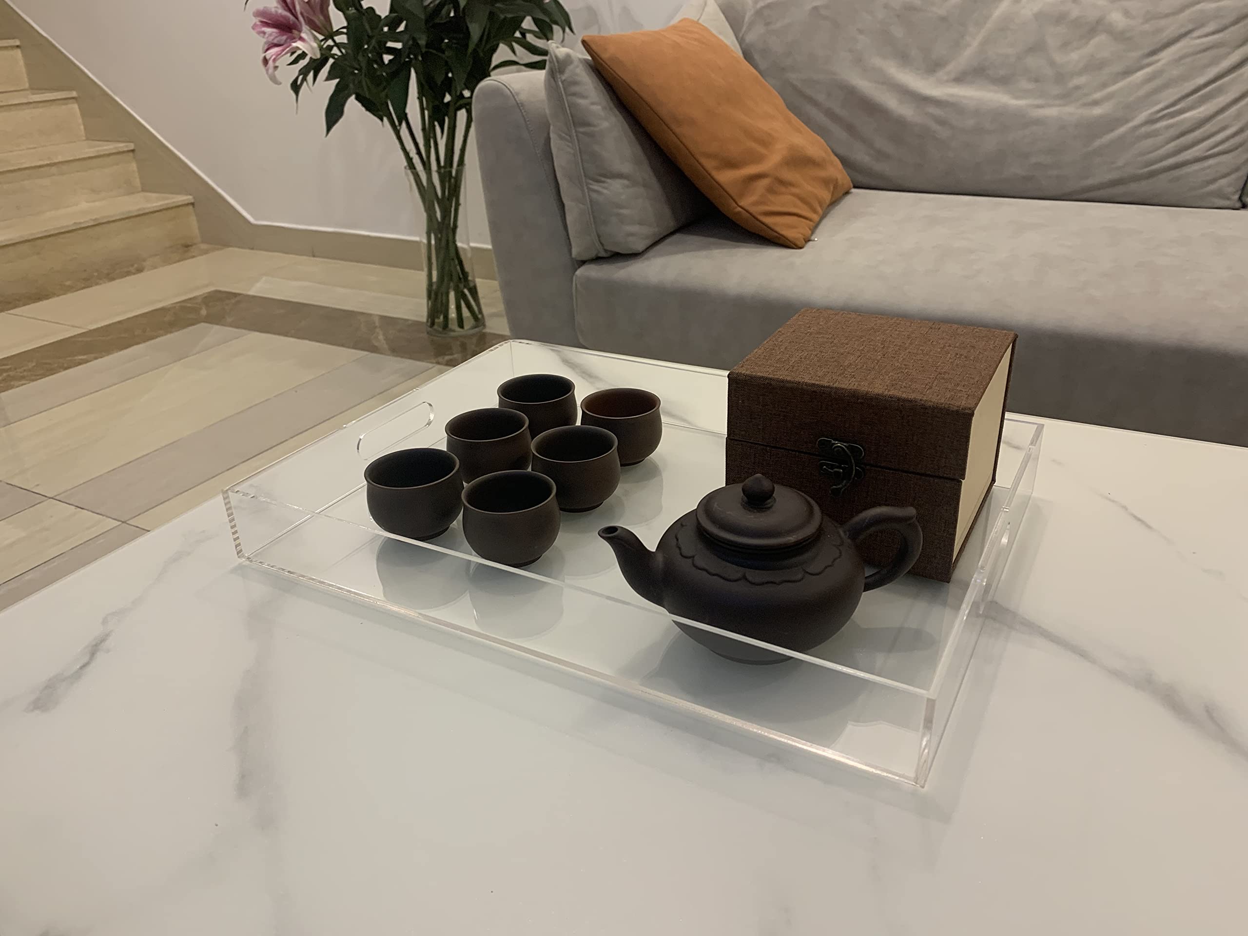 Lote de 2 Bandejas de Servicio de Acrílico Transparente Con Asas - Plástico Para Cocina, Comida, Organizador de Mesa, Joyas, Llaves, Baño y Cosmética