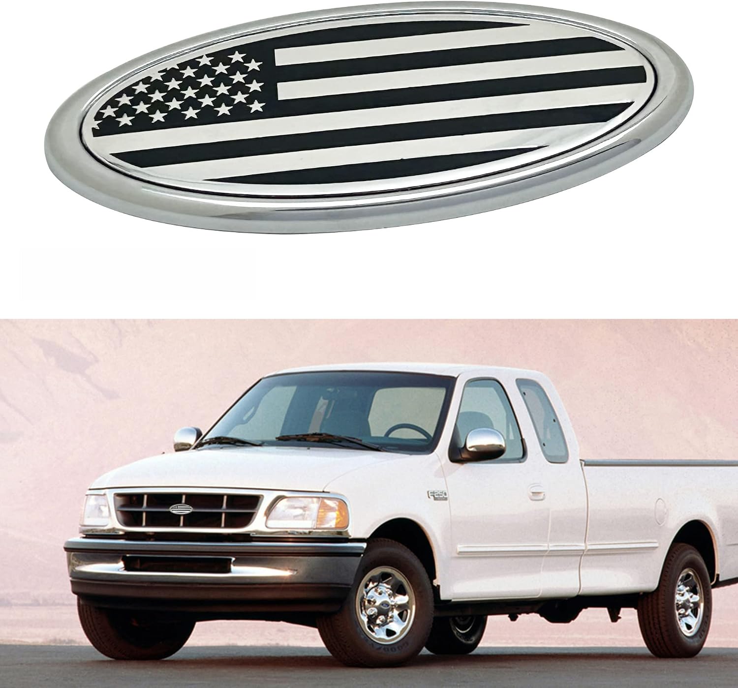 4.5 Inch American Flag Badge, Front Grill Rear Tailgate Oval Emblem fit for Ford Fiesta Focus EcoSport (Silver)