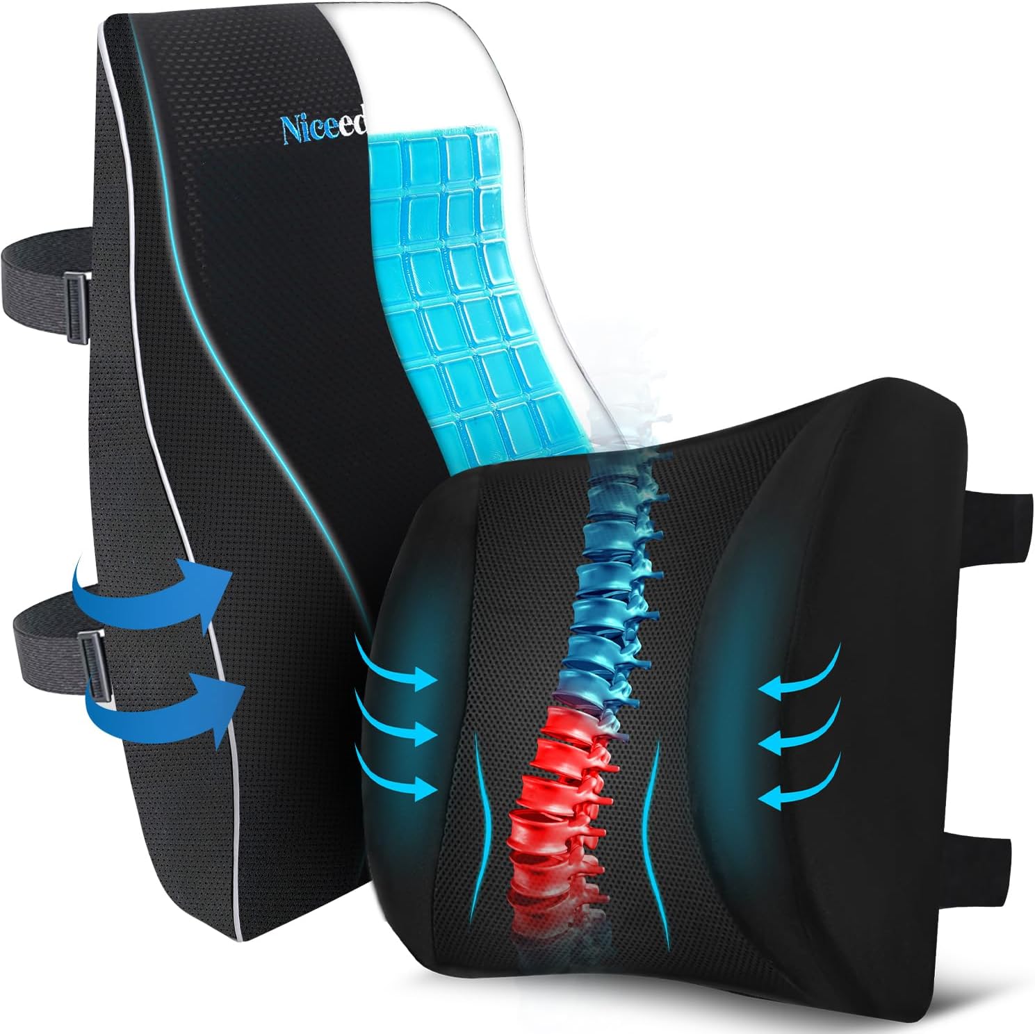 Gel Lumbar Support Pillow for Office Chair Car Gaming Chair Lower Back Pain Relief Back Support and Lumbar Support Pillow for Office Chair Car, Gaming Chair Lower Back Pain Relief Memory Foam Cushion