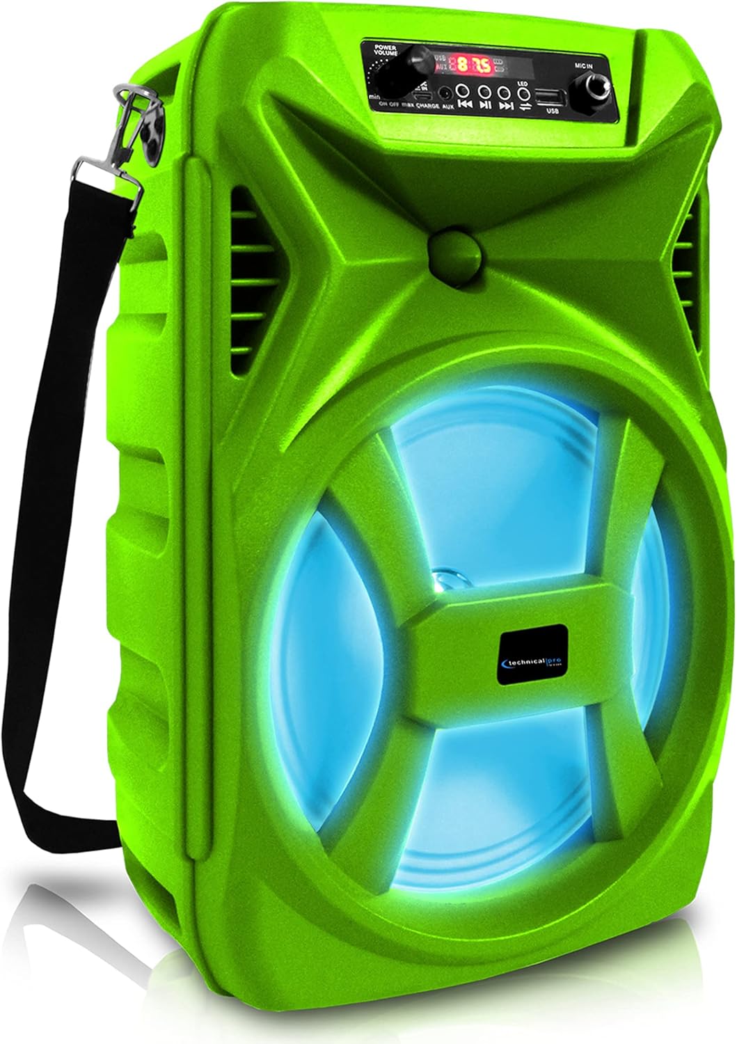 Technical Pro SPARK8GNEON portable Bluetooth speaker, green color, with illuminated woofer and control panel.