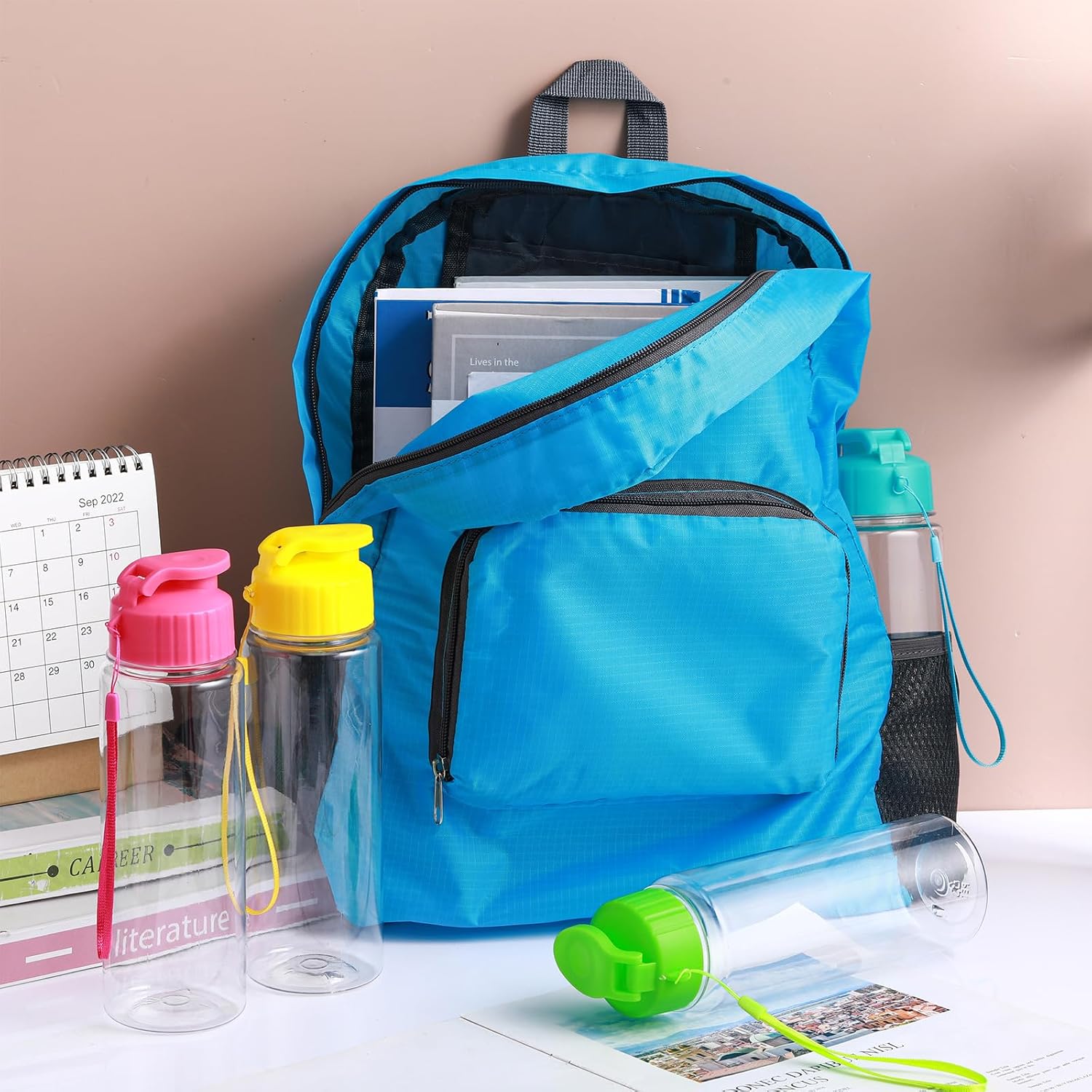 Mifoci 48 Pcs Plastic Water Bottles Bulk and Foldable Backpack Set 17 oz Reusable Flip Top Leakproof Water Bottles 16.5 Inch Lightweight Backpack for Adults Sports Gym Travel Party Outdoor