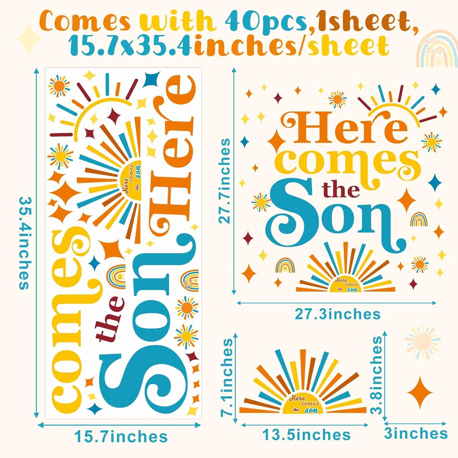 Here Comes The Son Party Decal Baby Shower Backdrop Stickers for Balloon Arch Gender Reveal Sun Party Decorations Welcome Baby Sign Decor Pregnancy Celebration Props Decals